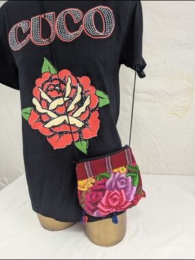 CUCO Women's Black Tee Rhinestone Logo/Rose Front Angel Back Medium**